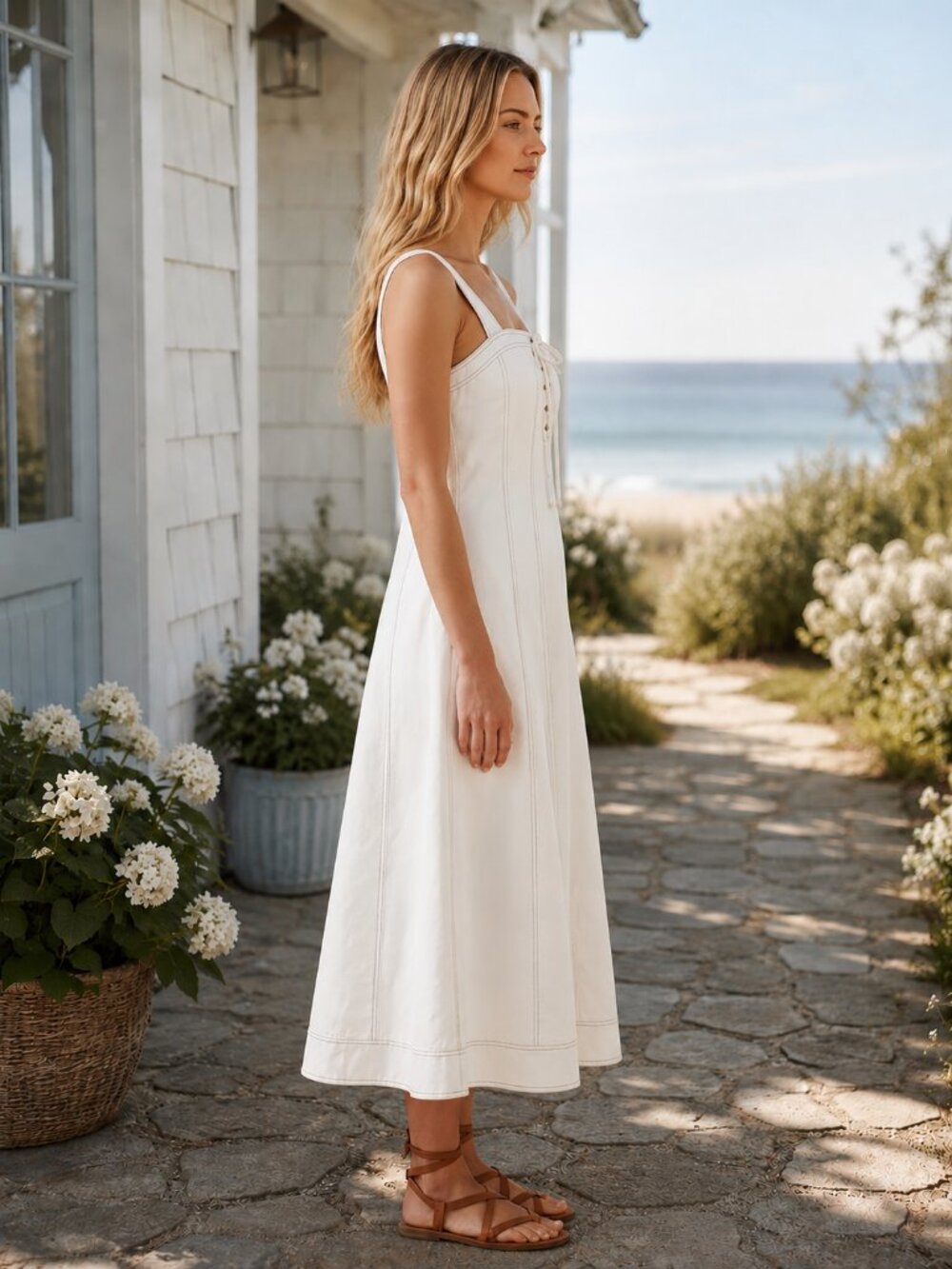 Coastal Luxury White Linen Tencel Blend Contrast Stitch Trapeze Maxi Dress - Picture 3 of 12